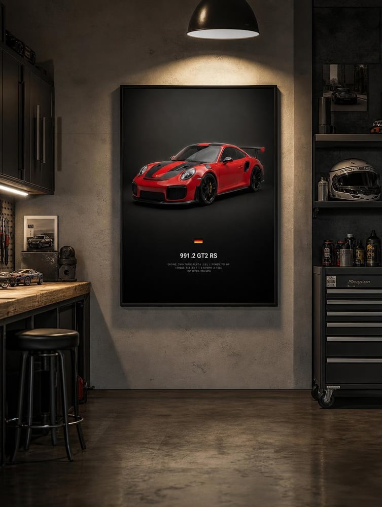 A framed 911 GT2 RS poster hanging in a garage