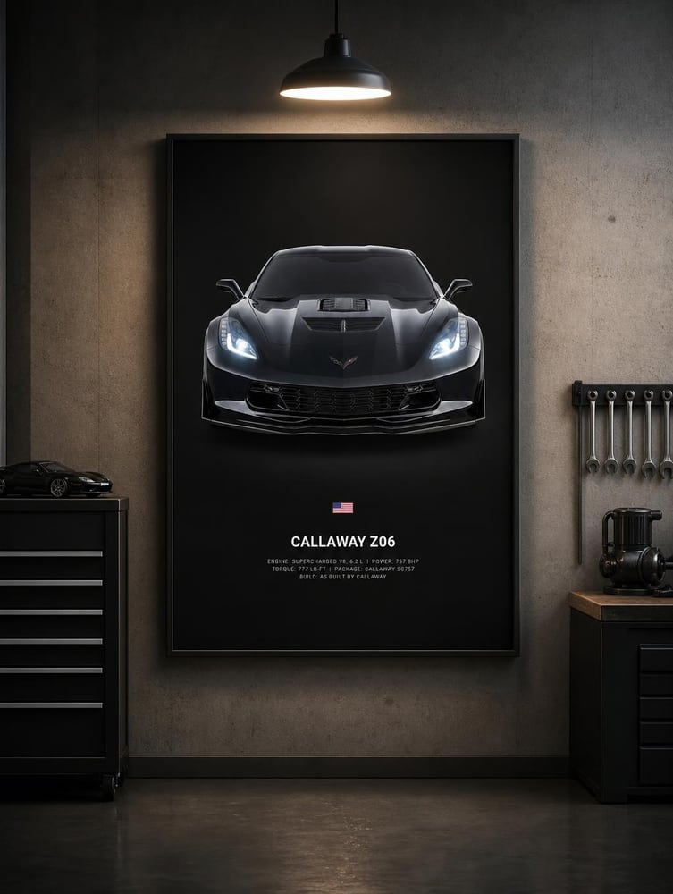 A framed Callaway Corvette Z06 poster hanging in a garage