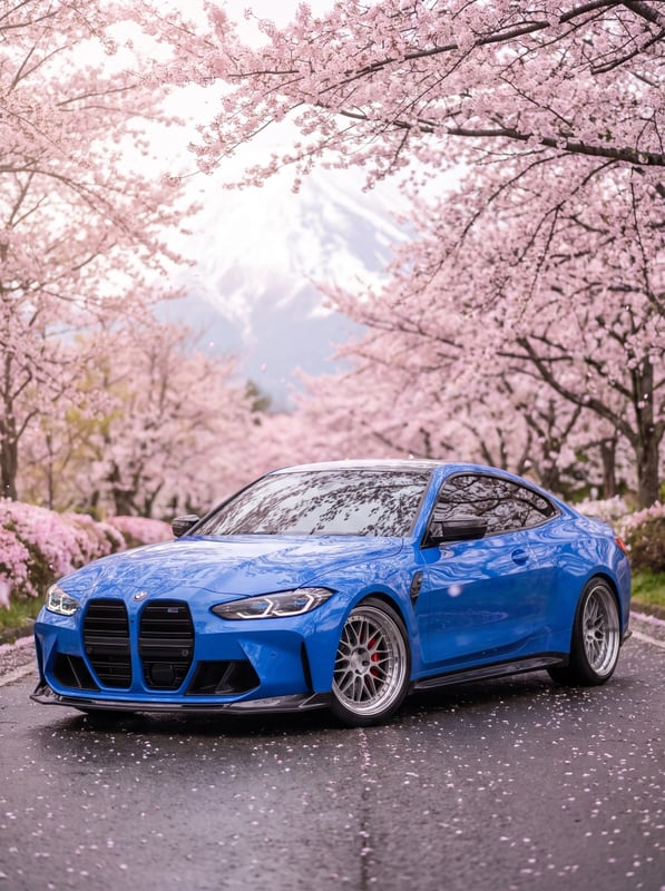 A BMW M4 on a road lined with cherry blossom